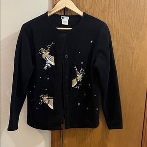 Charming Black Cardigan with Embroidered Reindeer